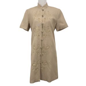 Chetta B Peter Noviello Sherri Bloom SZ 6 Dress‎ Embroidered Mandarin Collar Tan